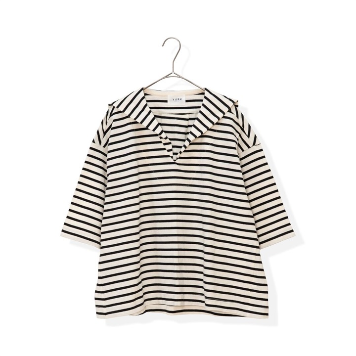 【：YURK Geniet van】セーラーカラーボーダーTEE