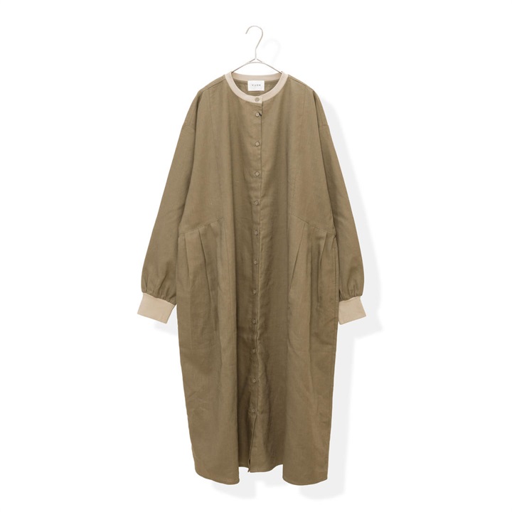 【YURK Geniet van】リネンリブコンビ前開き長袖ロングワンピース
