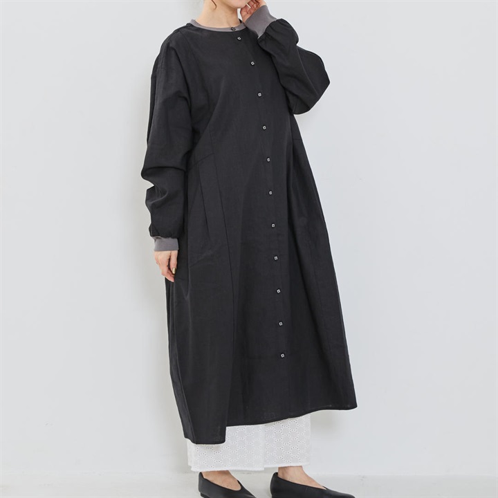 【YURK Geniet van】リネンリブコンビ前開き長袖ロングワンピース