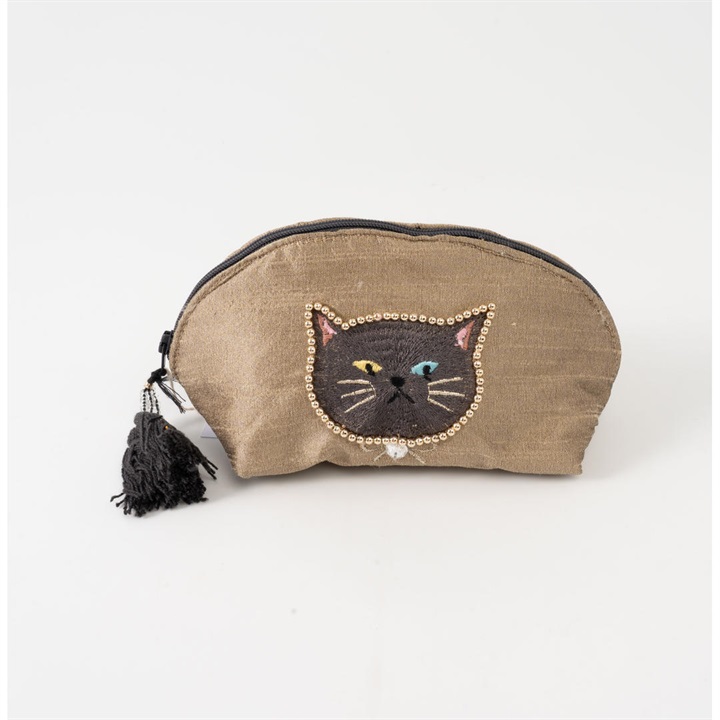 【Craft India】ビーズ刺繍ミニポーチ cat