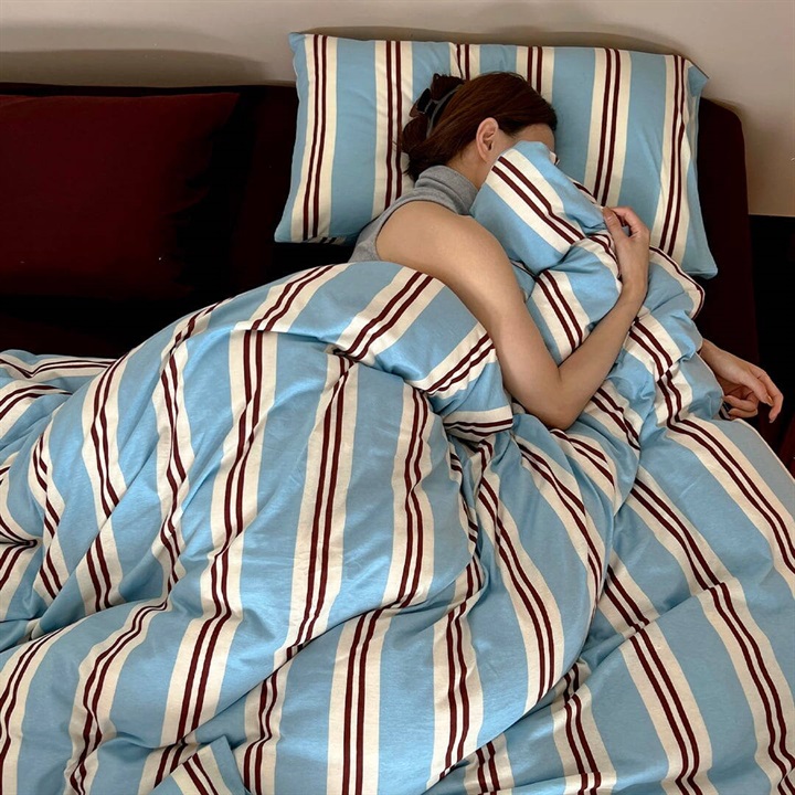 【DayDreamer】ニットコットン寝具カバー3点セット ツインストライプスカイブルー シングル