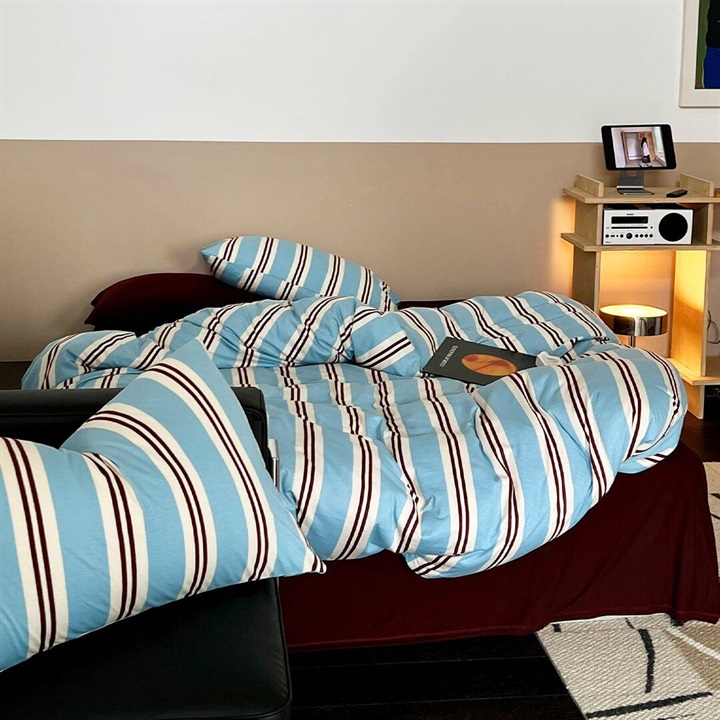 【DayDreamer】ニットコットン寝具カバー4点セット ツインストライプスカイブルー ダブル