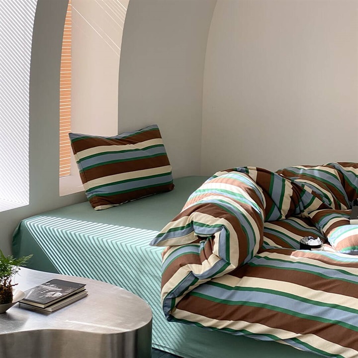 【DayDreamer】ニットコットン寝具カバー3点セット ツインストライプブラウン＆ブルー シングル