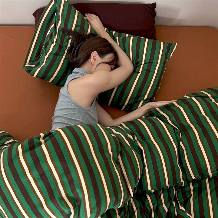 【DayDreamer】ニットコットン寝具カバー3点セット ツインストライプグリーン シングル