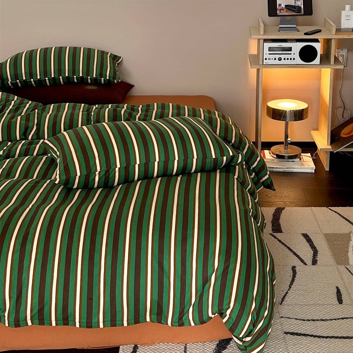 【DayDreamer】ニットコットン寝具カバー4点セット ツインストライプグリーン ダブル