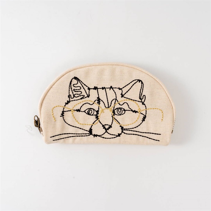 【＋HAyU】メガネネコ刺繍ハーフムーンポーチ