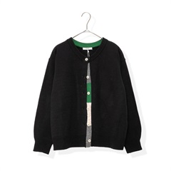 【POU DOU DOU】下前立て配色クルーネック前開き長袖ニットカーディガン(210BLACK)