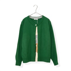 【POU DOU DOU】下前立て配色クルーネック前開き長袖ニットカーディガン(360GREEN)