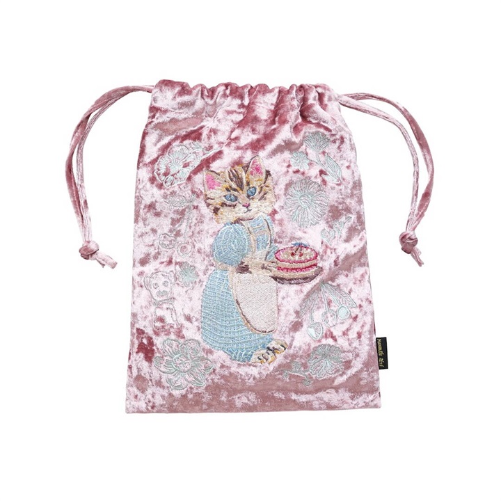 【Nathalie Lete】Velour Drawstring pouch cat ベロア巾着ポーチ(Blue eye)