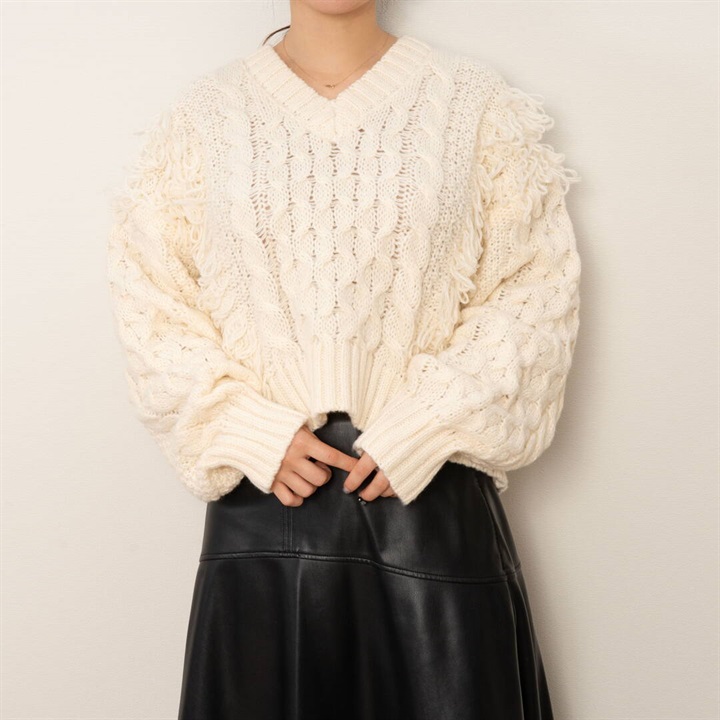 【POU DOU DOU】ループフリンジ 長袖ケーブルニットプルオーバー