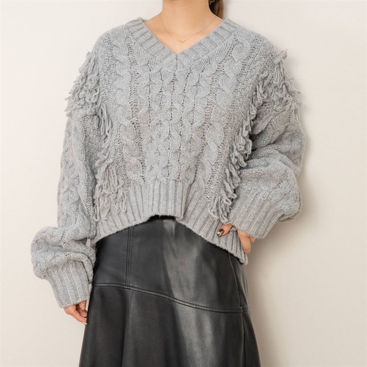 【POU DOU DOU】ループフリンジ 長袖ケーブルニットプルオーバー