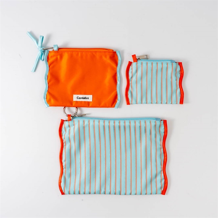 【Casselini】ストライプポーチ3点セット(ブルー)