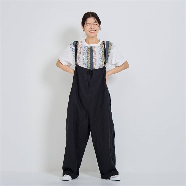 【YURK Geniet van】綿麻配色ボタンサロペット