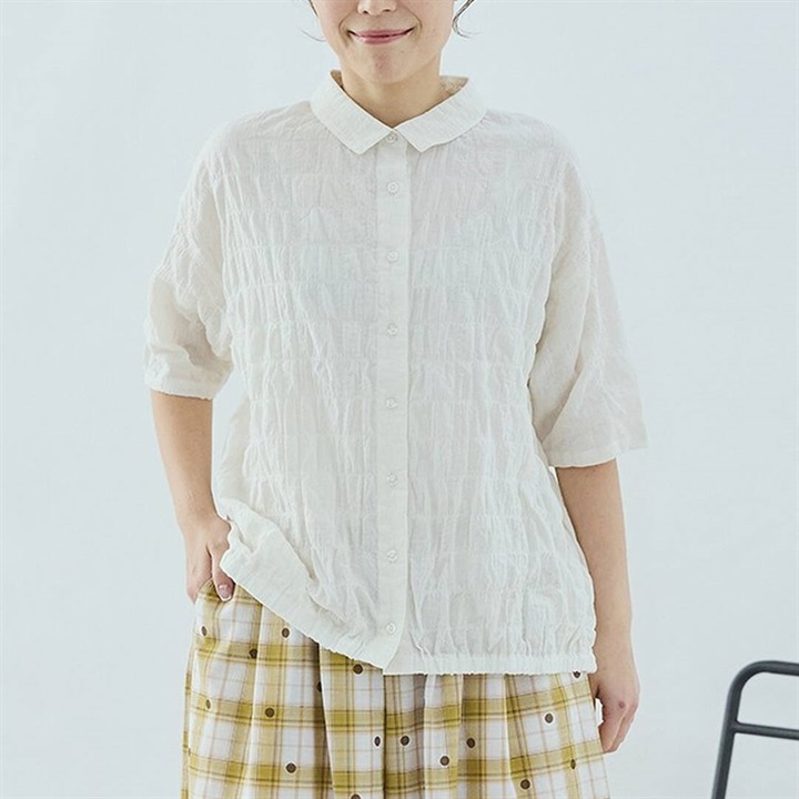 【Cloudnine】半袖Tシャツ 裾ゴム入り 前開き(02IVORY)