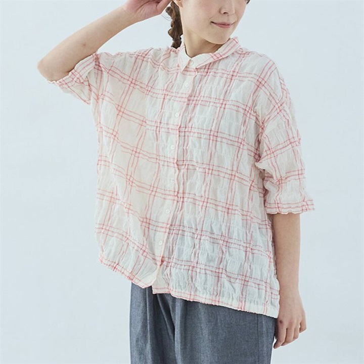 【Cloudnine】半袖Tシャツ 裾ゴム入り 前開き(30ORANGE×IVORY)