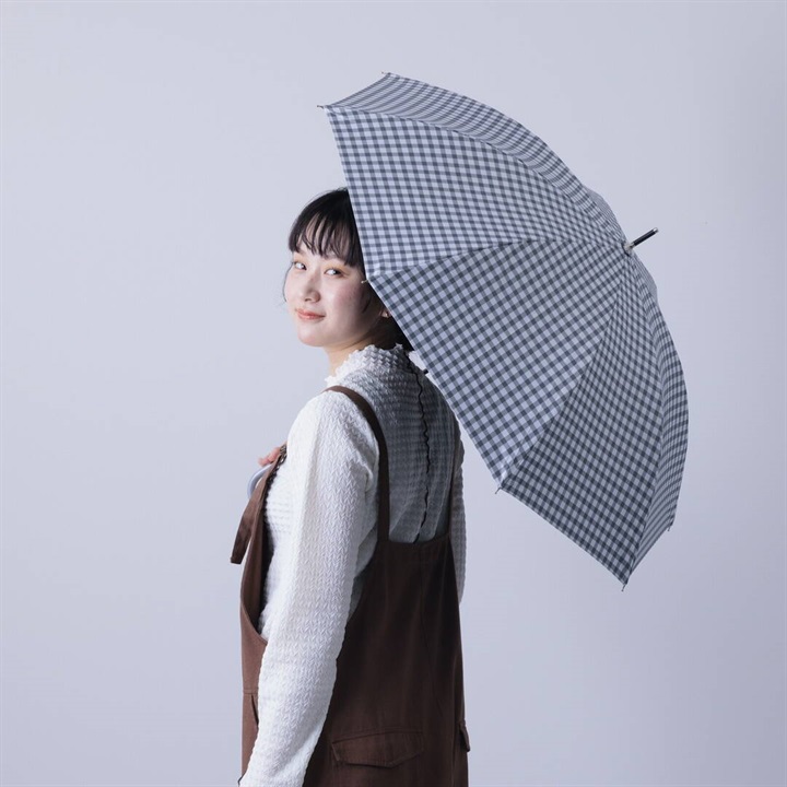 【PAGE ONE】晴雨兼用傘 50cm バイカラー 日傘柄長 ギンガムチェック ポリウレタン加工(11GRAY)