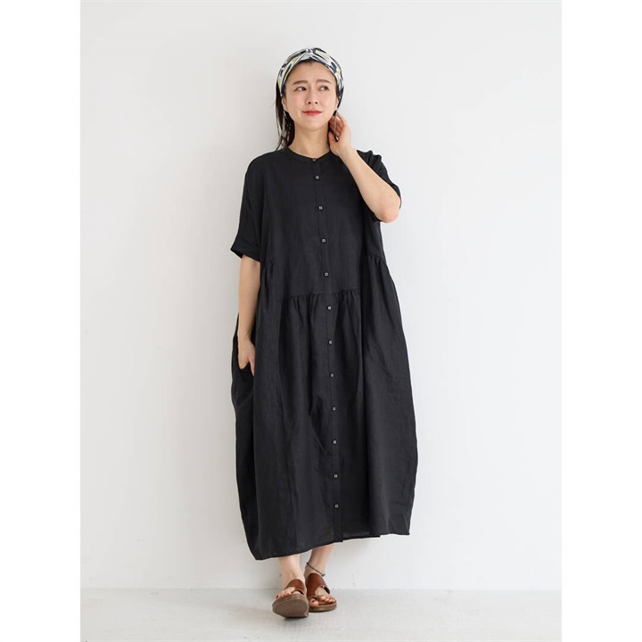 【YURK Geniet van】半袖リネンワンピース ドルマンギャザー 前開き