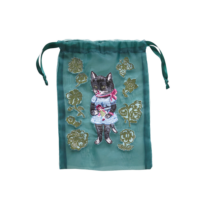 巾着ポーチ｜【Nathalie Lete】 Organdy Drawstring pouch ナタリーレテ(Black cat/510814)