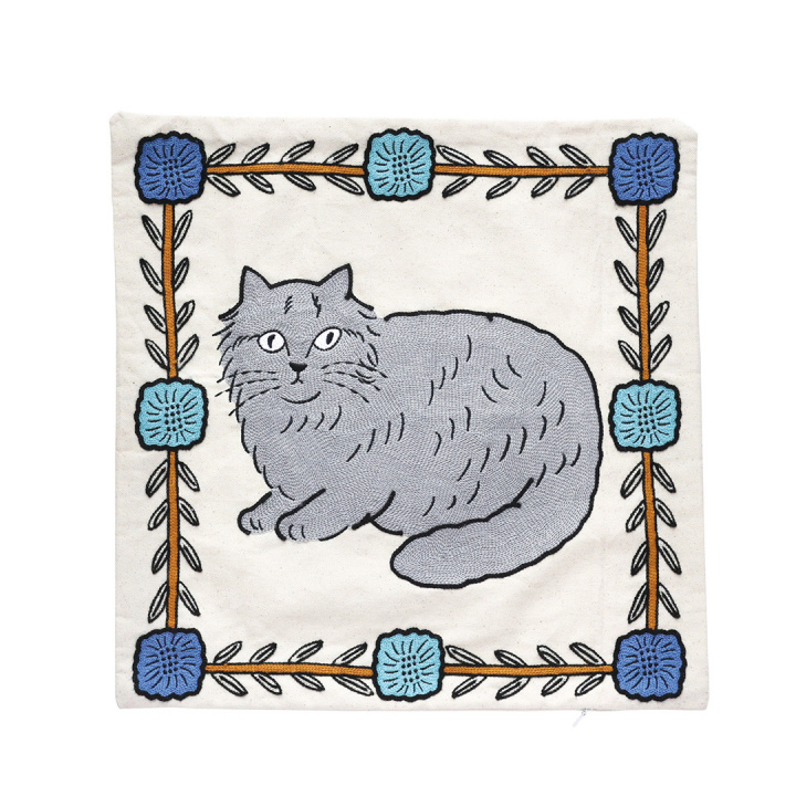 クッションカバー｜【松尾ミユキ】 Embroidery Cushion cover Matsuo Miyuki(Gray cat/110521)