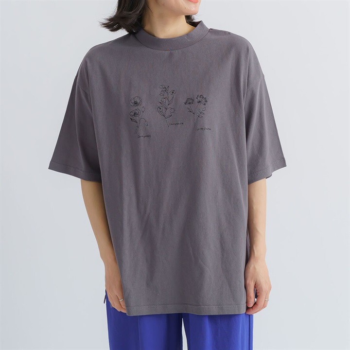 【M.M.O】 フラワー刺繍5分袖チュニックTシャツ