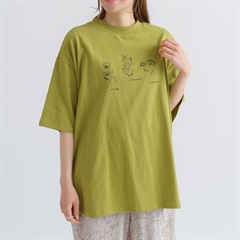 【M.M.O】 フラワー刺繍5分袖チュニックTシャツ(55イエローグリーン)