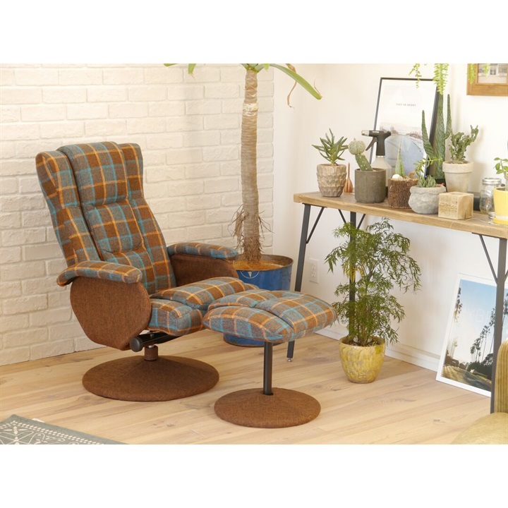 ブラウンチェック生地リクライニングチェア＆オットマン｜てんとてん