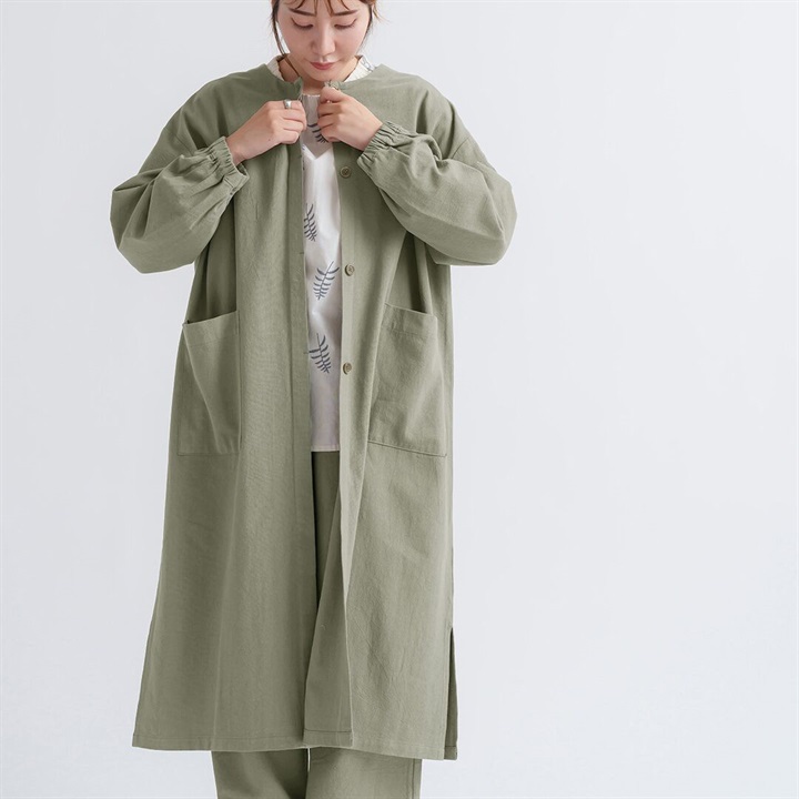 【M.M.O】コットンワッシャー ノーカラーコートワンピース