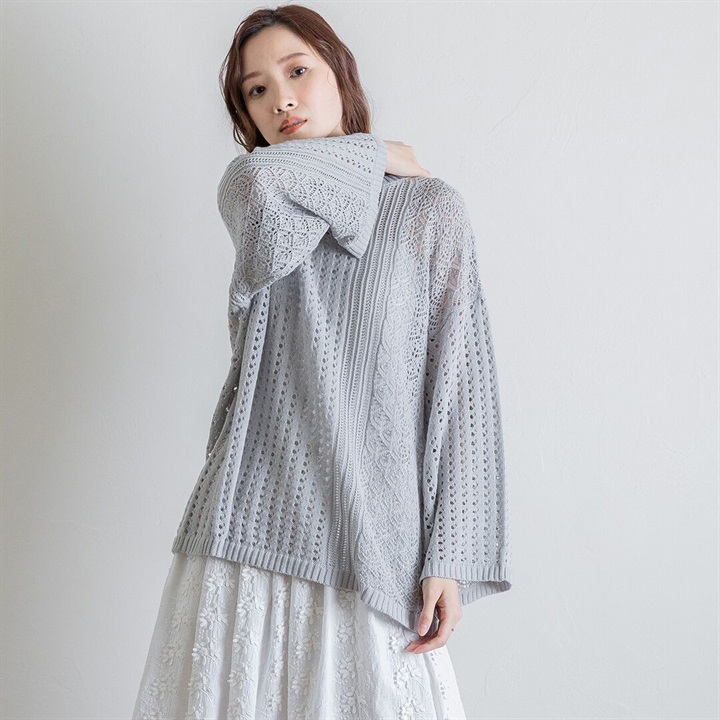 【teMite】綿100％メッシュ×柄編み切替ニットプルオーバー