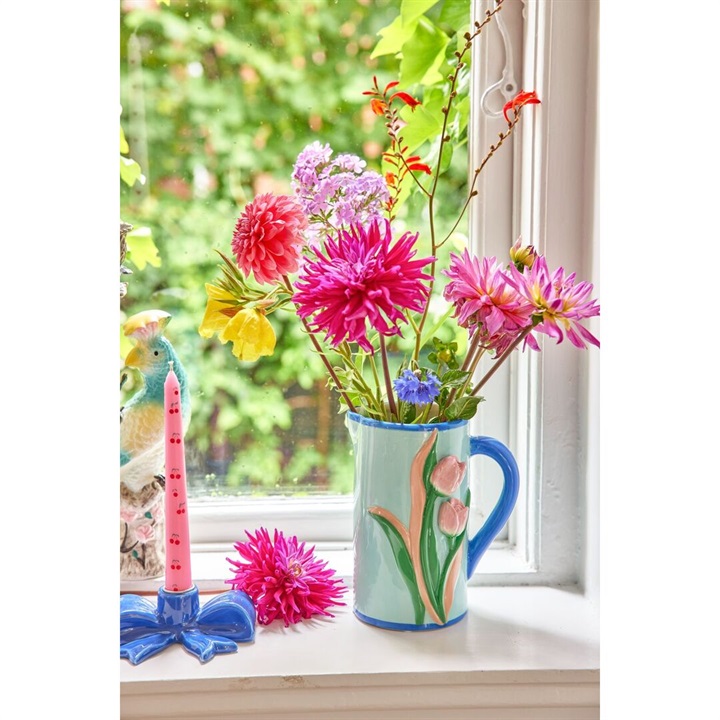 【rice】ミントカラーチューリップフラワーベースCeramic Vase in Mint with Embossed Tulips - Handpainted - 1,4 L.