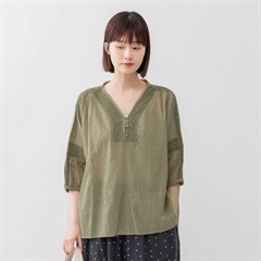 【M.M.O】レース切替5分袖ブラウス(62カーキ)