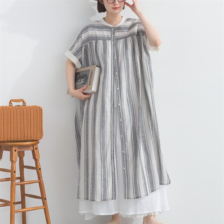 【Lupilien】Slab stripe 2way スモッキング刺しゅう半袖ワンピース