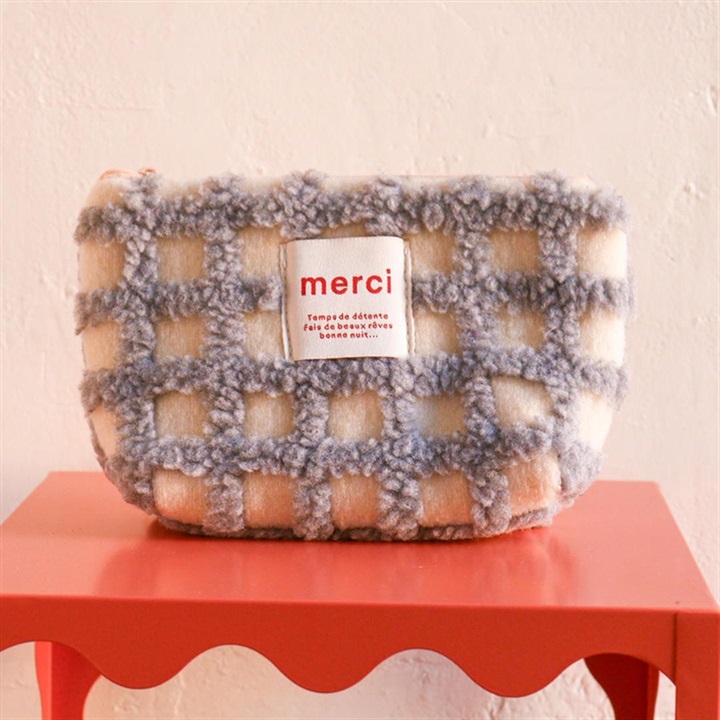 merci ボアチェック舟型ポーチ