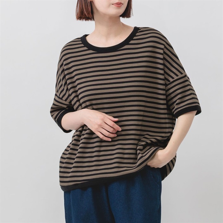 【M.M.O】ワッフルボーダー6分袖ワイドTシャツ
