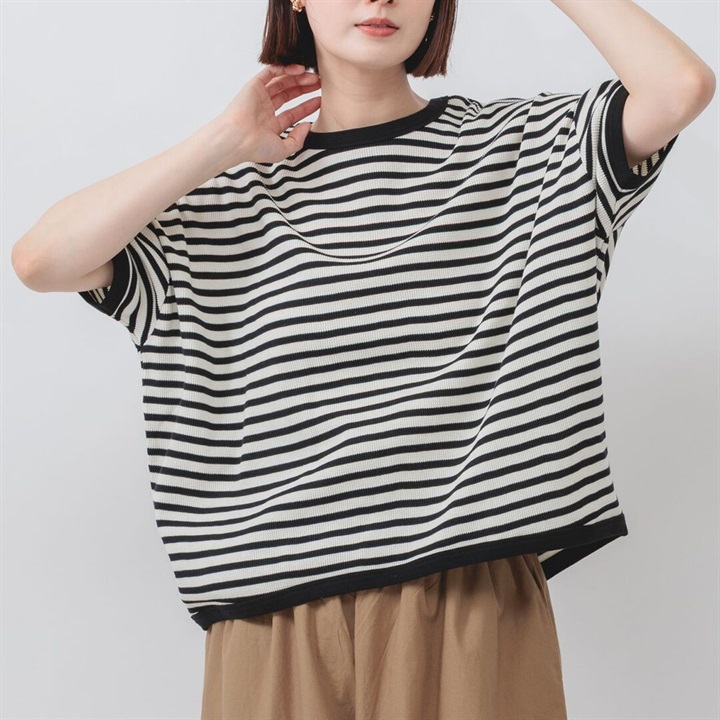 【M.M.O】ワッフルボーダー6分袖ワイドTシャツ