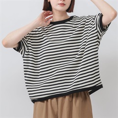 【M.M.O】ワッフルボーダー6分袖ワイドTシャツ(07ブラック×ベージュ)