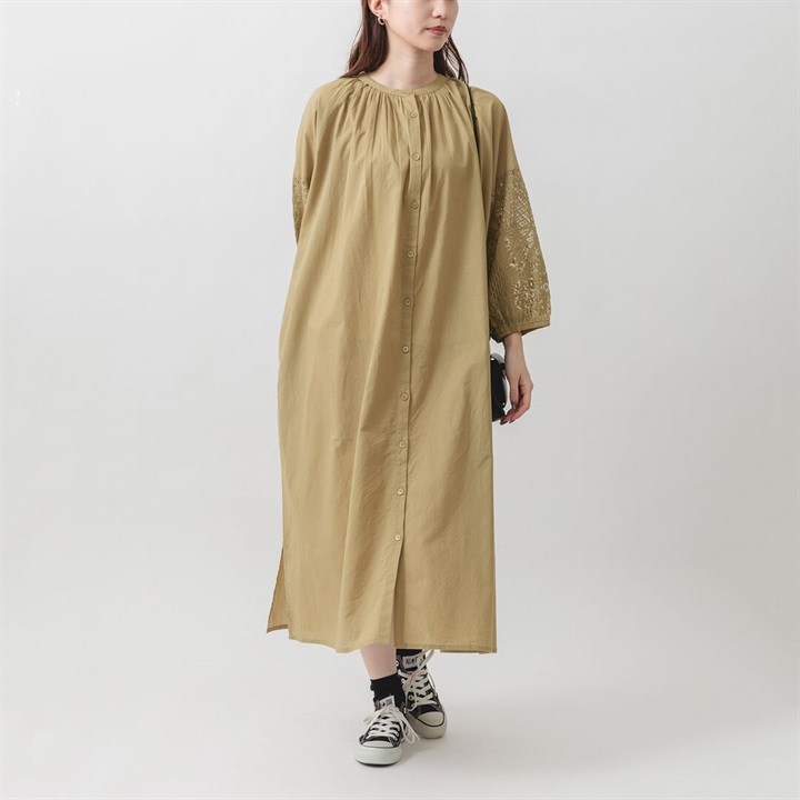 【M.M.O】レーススリーブ前開き7分袖ワンピース