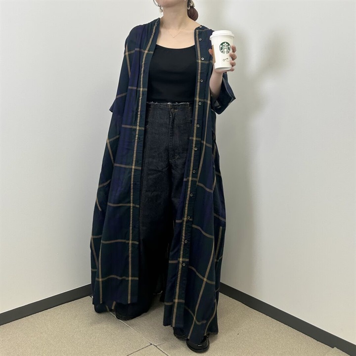 Noia バンドカラー5分袖チェックワンピース