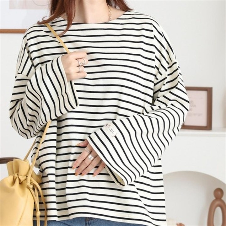 【Arinomama】長袖ボーダーオーバースリーブTシャツ(01IV)