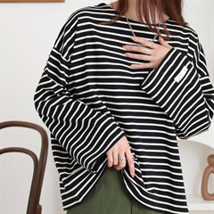 【Arinomama】長袖ボーダーオーバースリーブTシャツ(02BK)