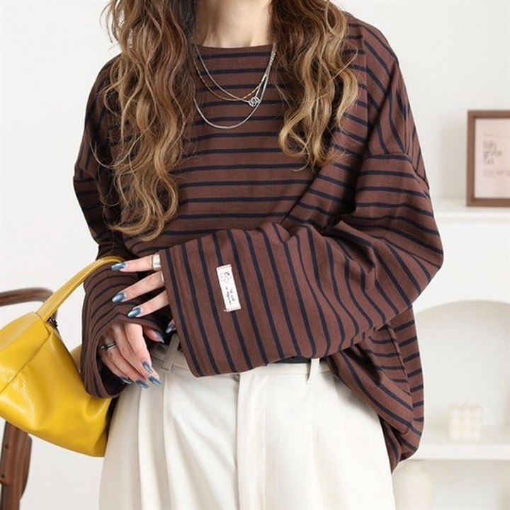 【Arinomama】長袖ボーダーオーバースリーブTシャツ(04BR)