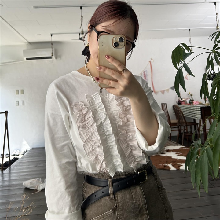 【POU DOU DOU】異素材ミックスフリル長袖カットソー