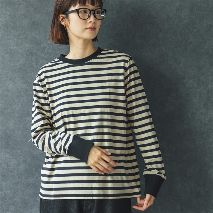 【M.M.O】クルーネック長袖ボーダーカットソー(03ベージュ×ブラック)