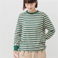 【M.M.O】クルーネック長袖ボーダーカットソー(75ベージュ×グリーン)