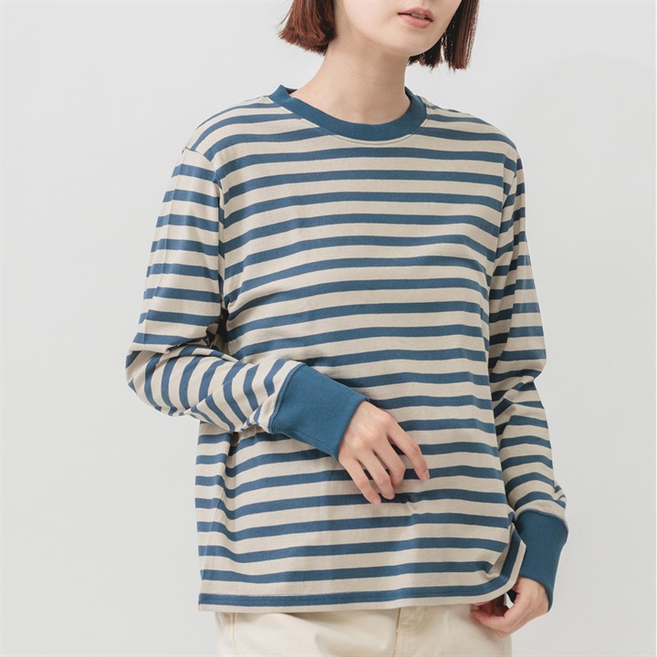 【M.M.O】クルーネック長袖ボーダーカットソー(86ベージュ×インクブルー)