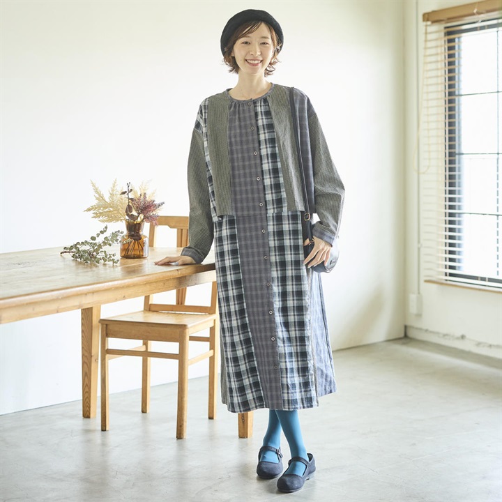 【Cloudnine】パッチワーク仕様前開き長袖ワンピース