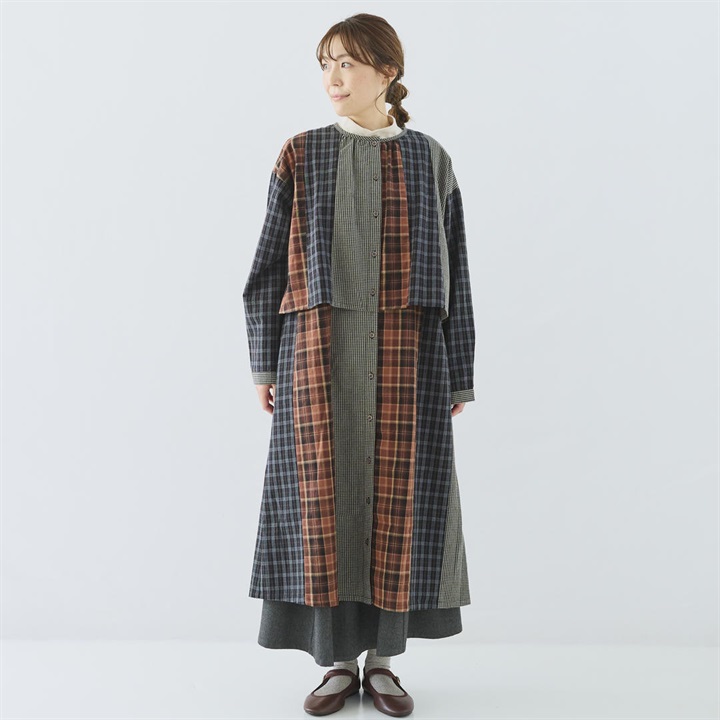 【Cloudnine】パッチワーク仕様前開き長袖ワンピース