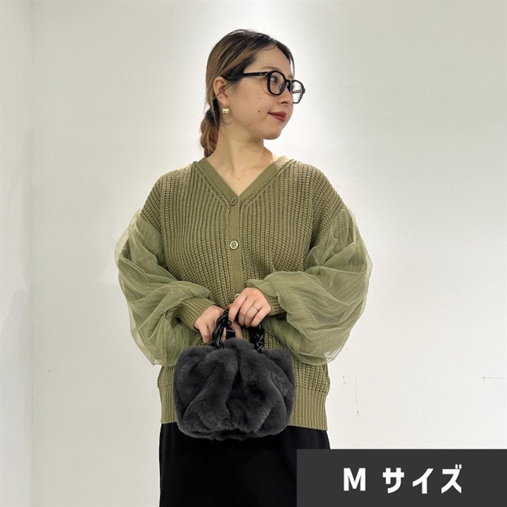 【choette】チュール切替長袖ニットカーディガン