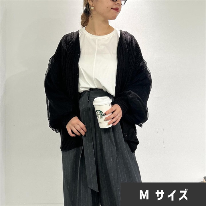 【choette】チュール切替長袖ニットカーディガン