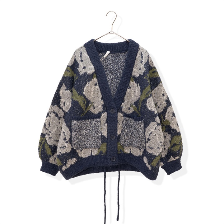 【Lupilien】ブークレジャガード 長袖コクーンニットカーディガン(229.NAVY FLOWER)