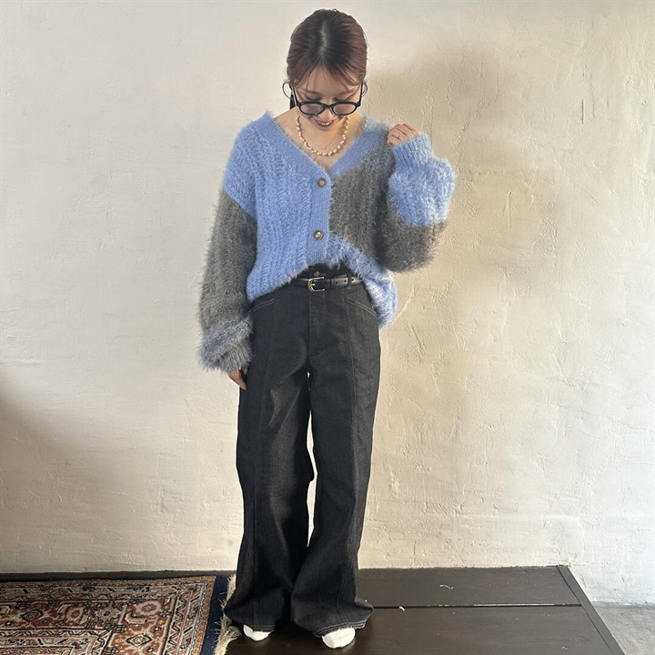 【POU DOU DOU】カラーブロック 長袖ニットカーディガン(370.BLUE)